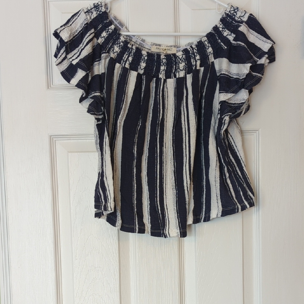Living Doll Navy and White Ruffle Sleeve Blouse